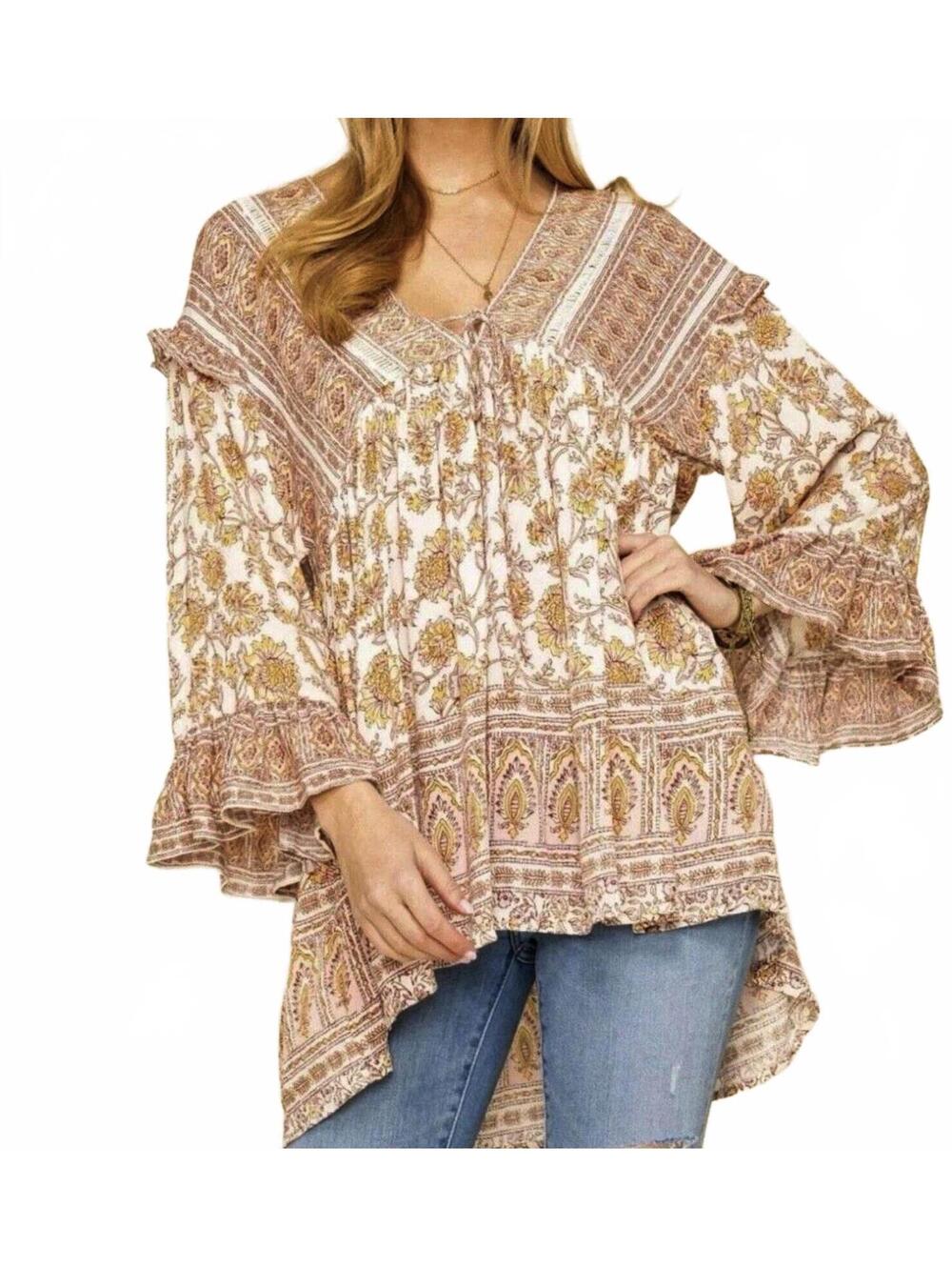 Free People Moonlight Dance XL Oversize Floral Printed Tunic Top Ivory Boho